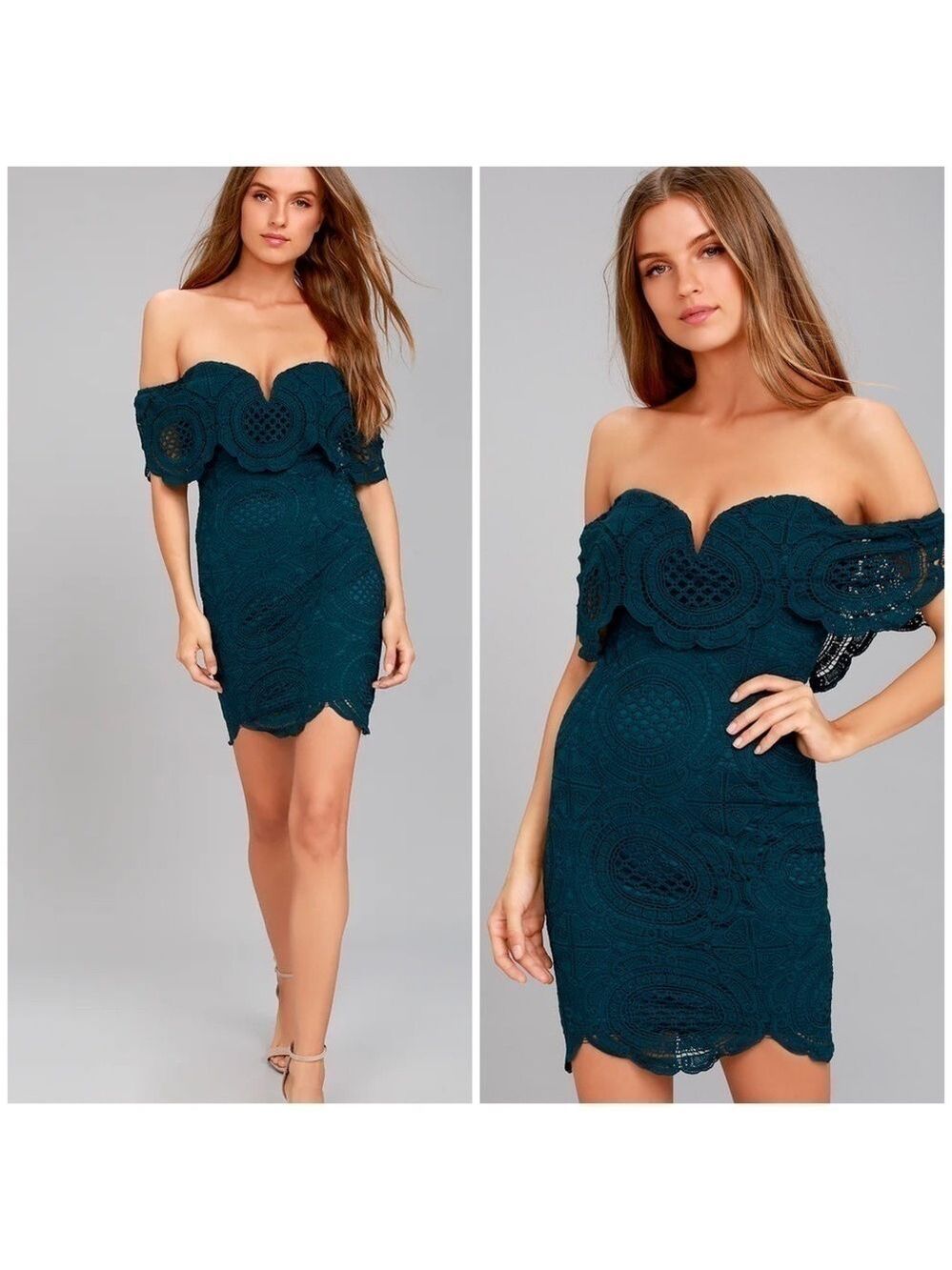 LULU’S Bellissimo Teal Blue Lace Off-the-Shoulder Bodycon Dress
